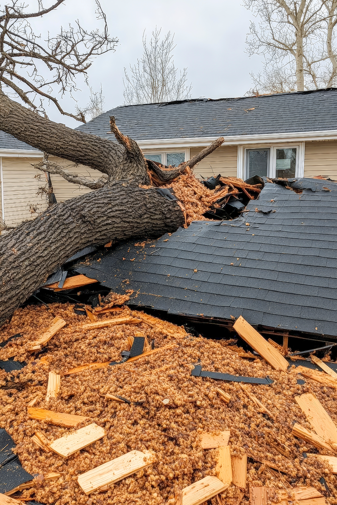 storm damaged home roof leak ceiling water damage